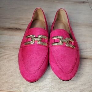 Pink Suede Loafers with Gold Chain